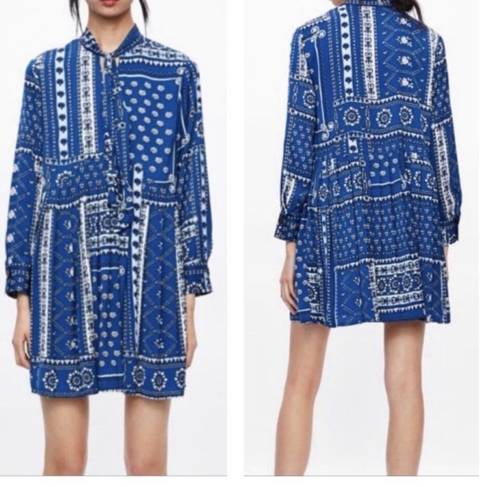 Zara Blue and White Printed Midi Dress